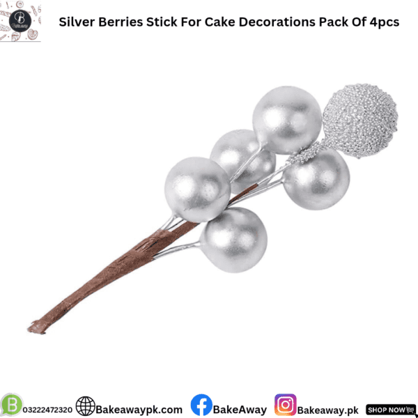 Silver Berries Stick For Cake Decorations Pack of 4