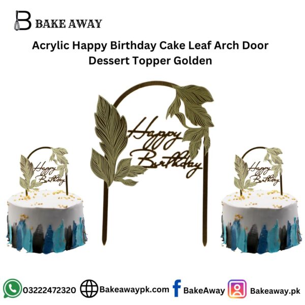 Acrylic Happy Birthday Cake Leaf Arch Door Dessert Topper Golden
